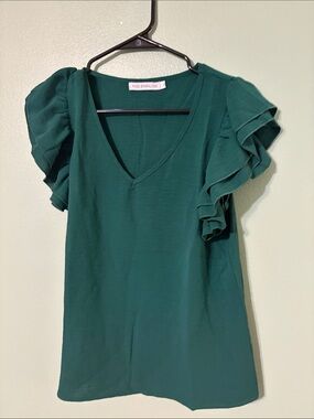 Miss Sparkling Deep Green V-Neck Ruffle Sleeve Blouse